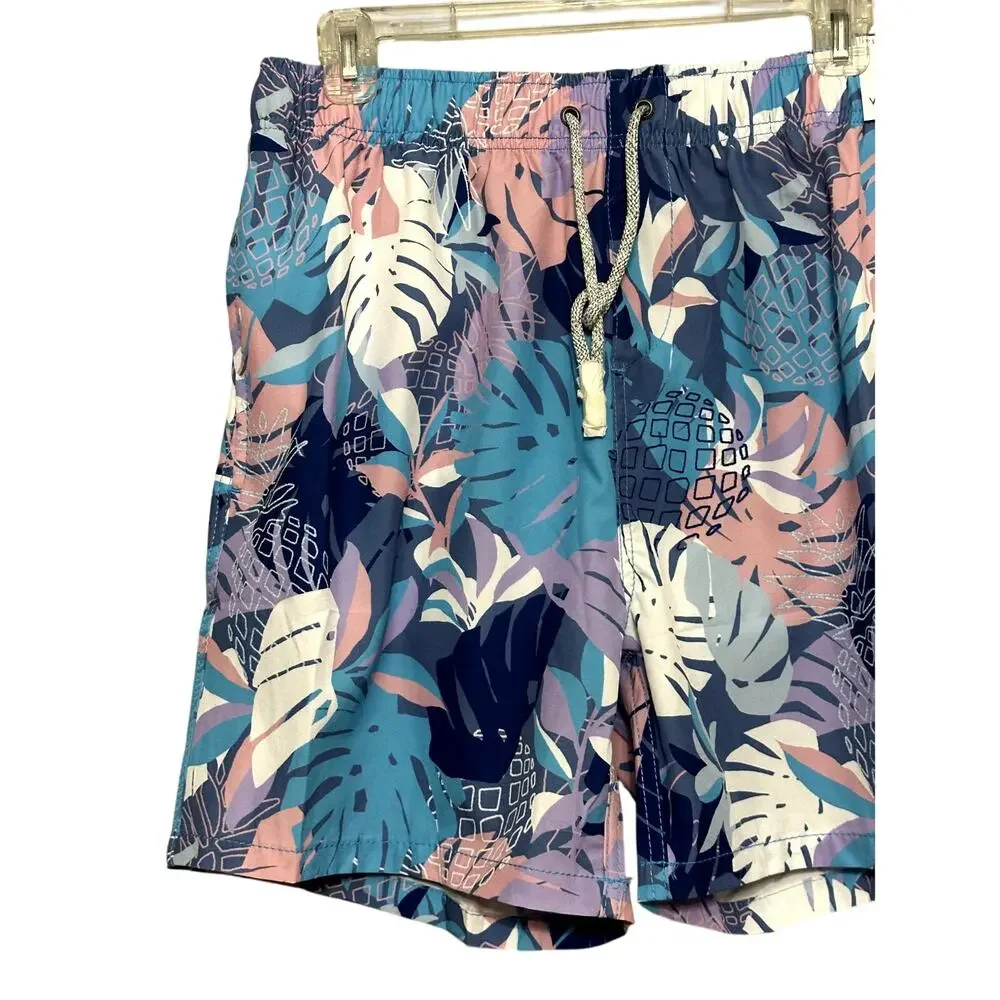 Vintage Swim Mens Multi Color Leaf Print Drawstring Quick Dry Swim Trunks XL NWT